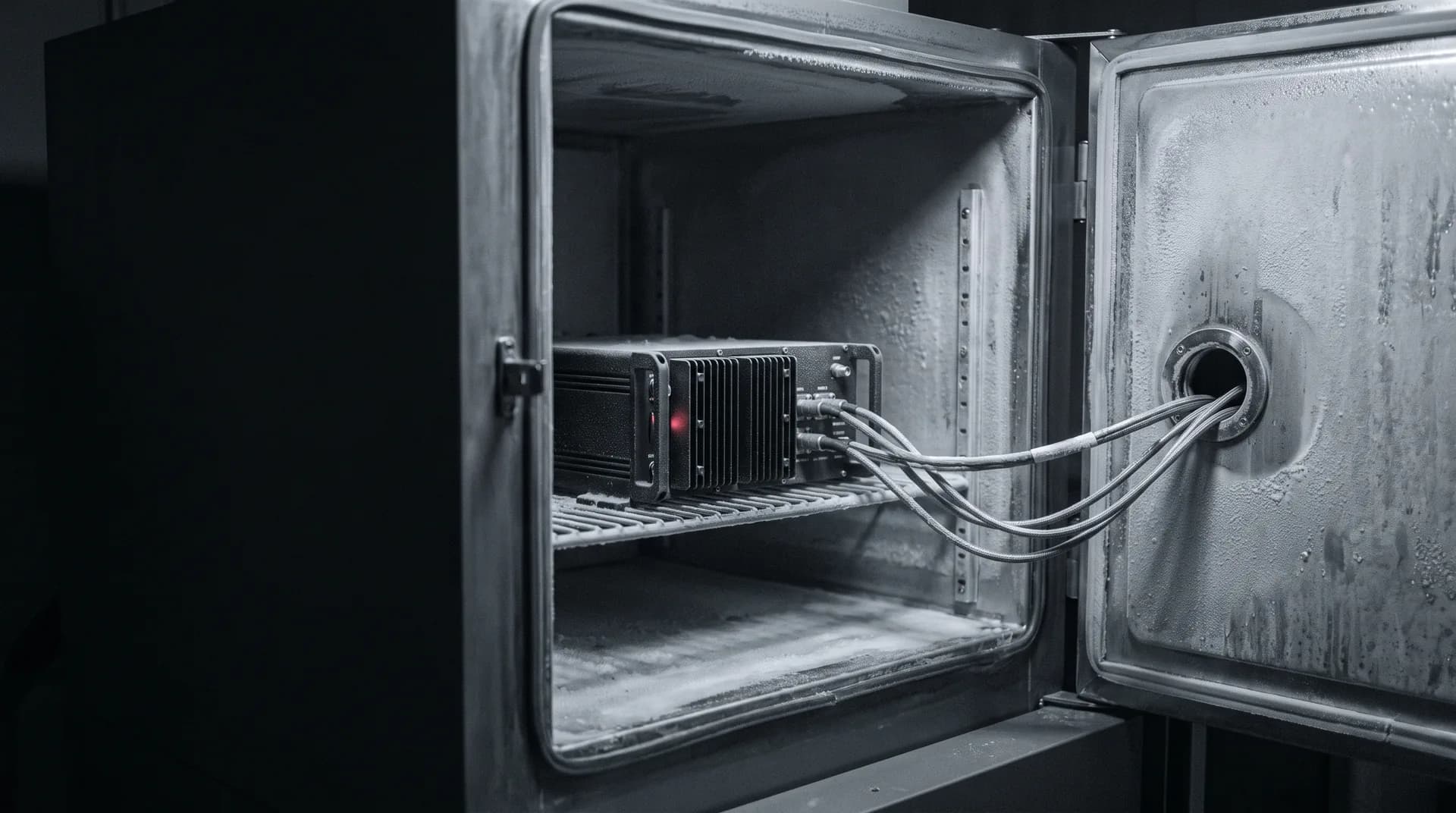 Gasketed door of an environmental test chamber ajar, with a unit under test inside