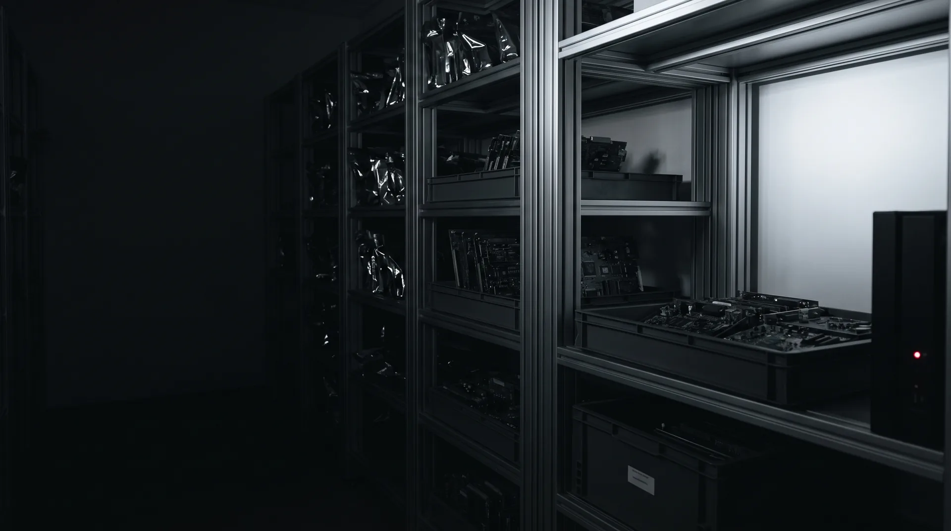 Component archive: shelving with anti-static bags and trays of stored circuit boards