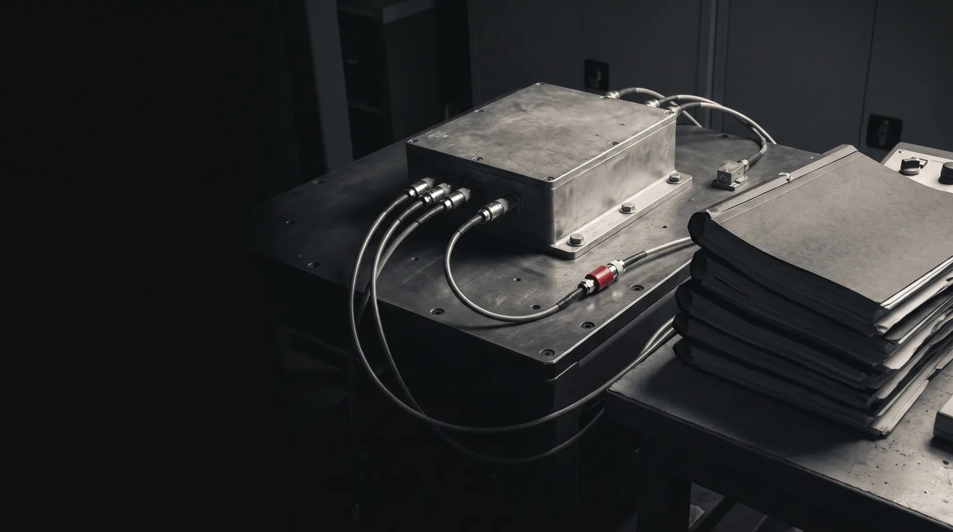 Unit bolted to an electrodynamic shaker table beside a stack of qualification test reports