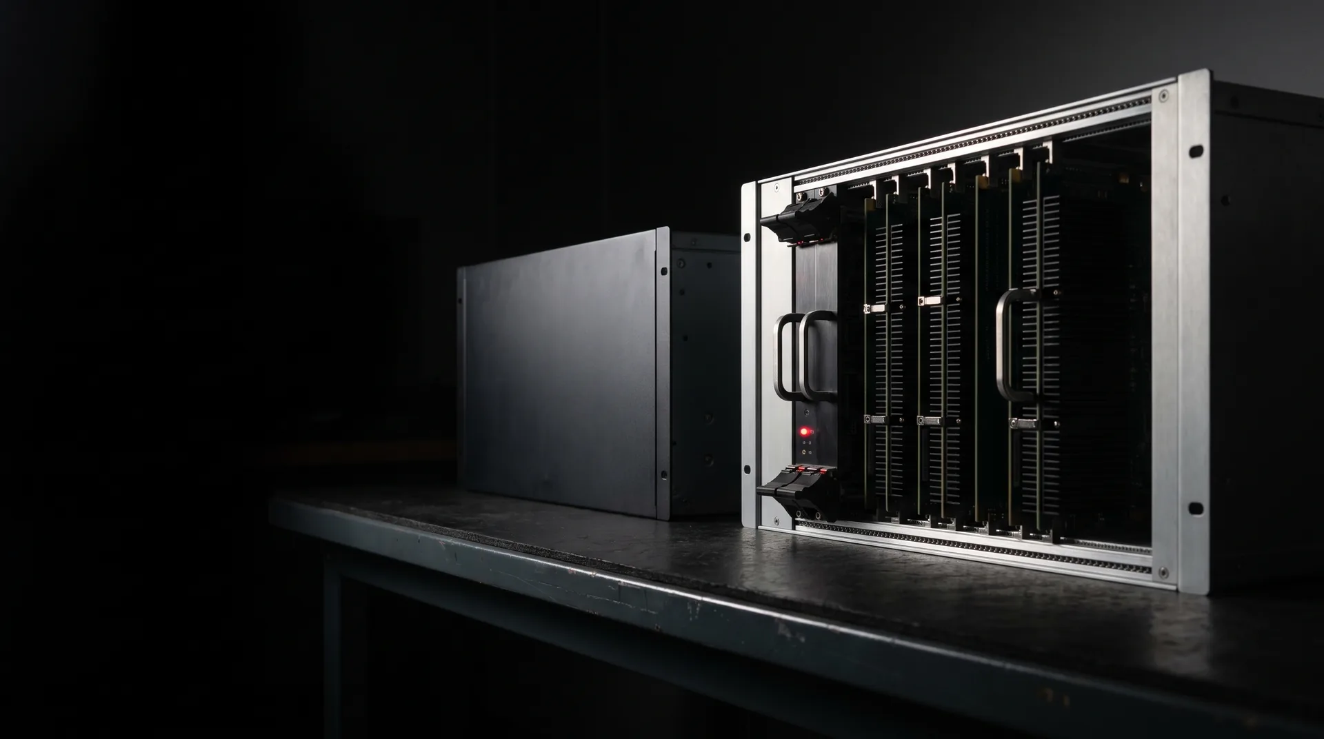 Open 3U OpenVPX card cage beside a closed 19-inch rackmount server chassis